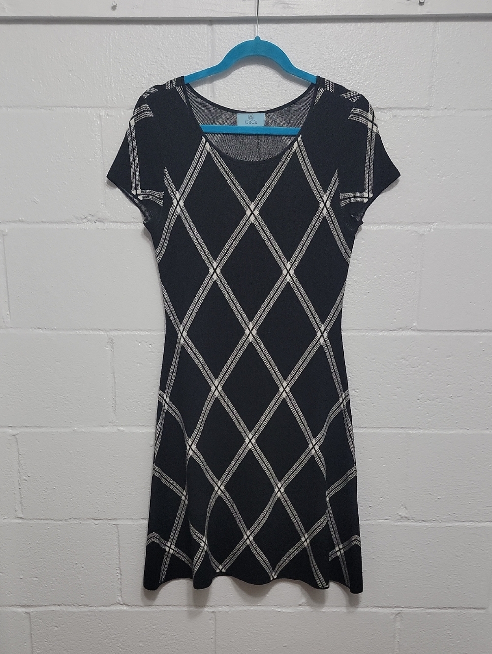 CeCe Black Knit Dress with Cream Lattice Pattern